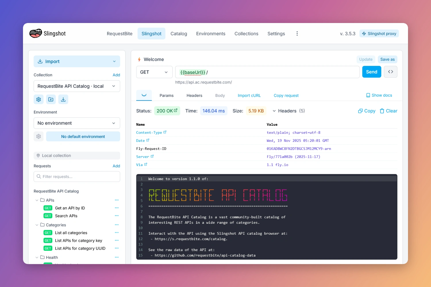 API catalog in Slingshot